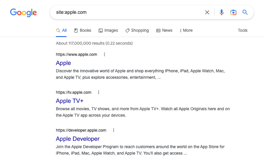 A Google result showing indexed pages for apple.com