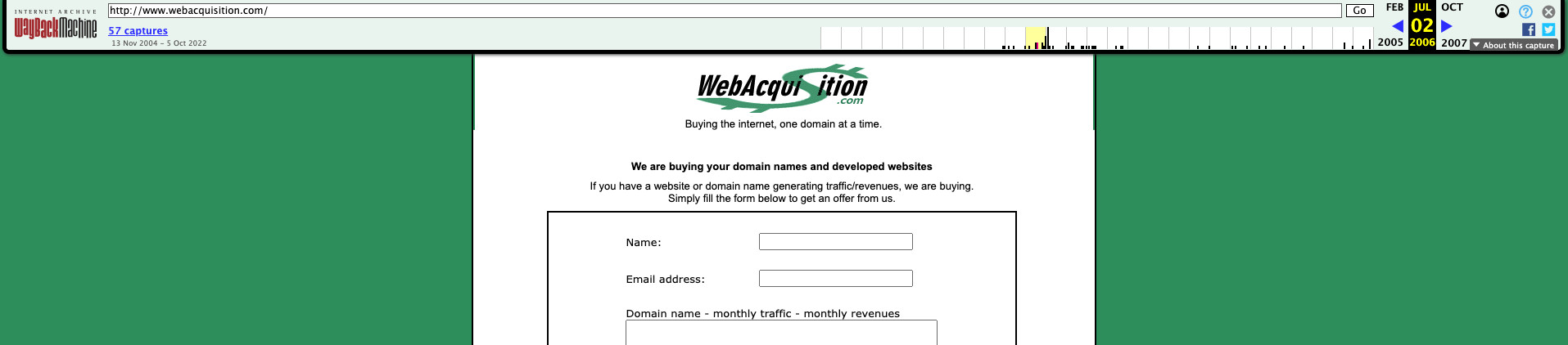 Archive.org showing the Web Acquisition website in 2006
